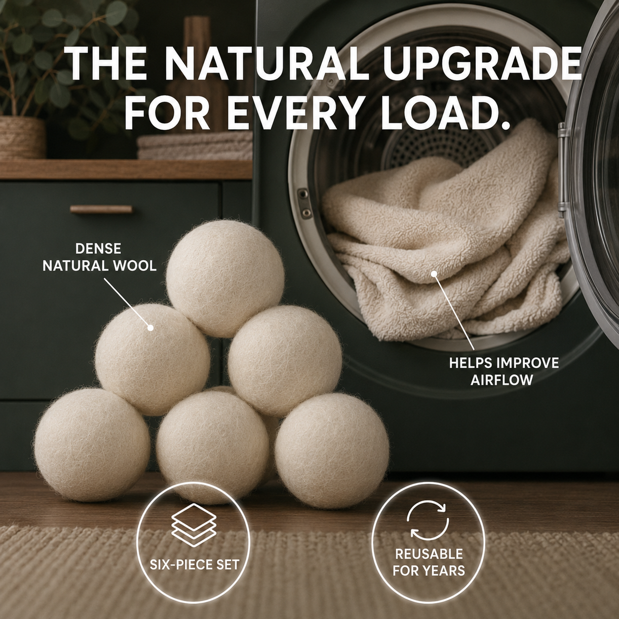 Reusable Wool Dryer Balls – Natural & Organic, 6 Pack