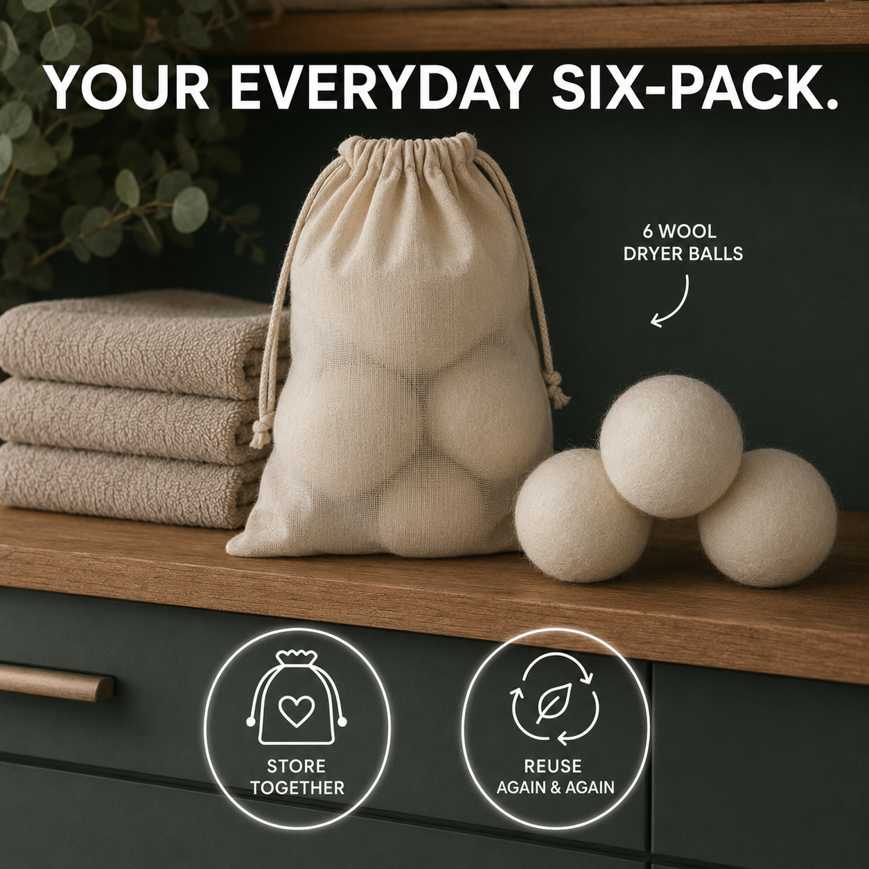 Reusable Wool Dryer Balls – Natural & Organic, 6 Pack